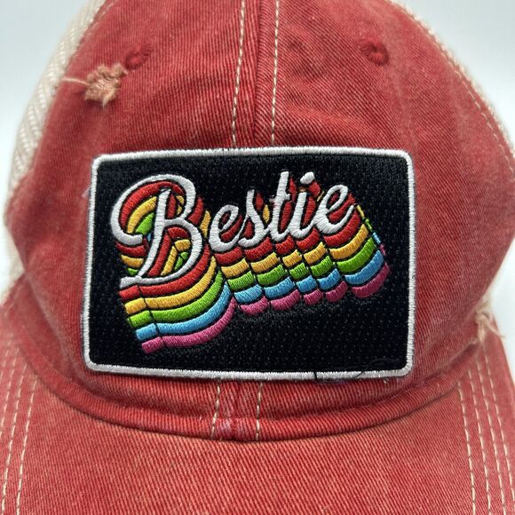 Judith March Bestie Patch Trucker Cap Hat Red Distressed Rainbow Snapback One Sz - Picture 2 of 8